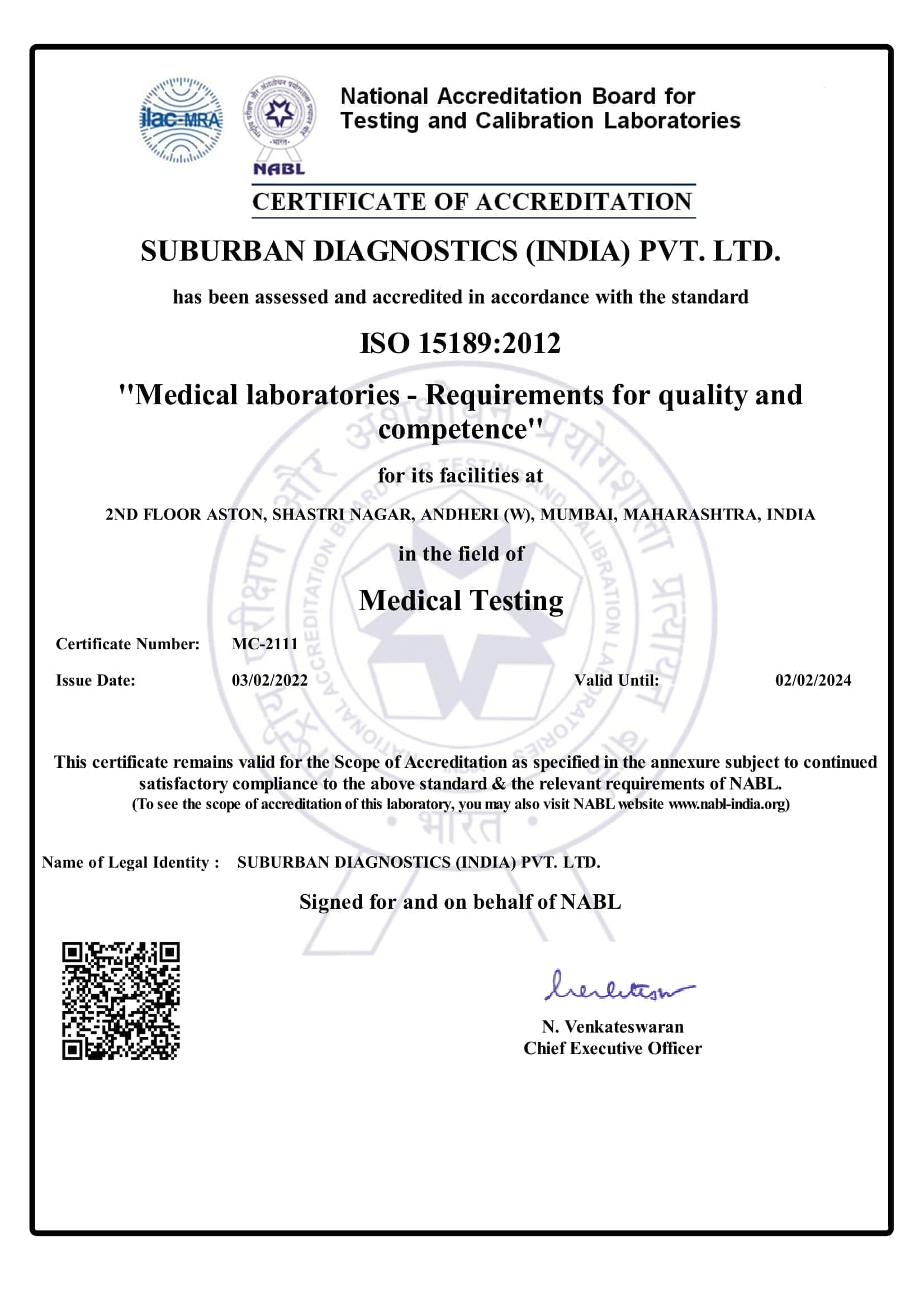 Accreditation Certificate for Mumbai Lab